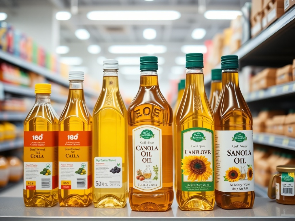마트 진열대에 나란히 놓인 카놀라유와 해바라기씨유 제품들