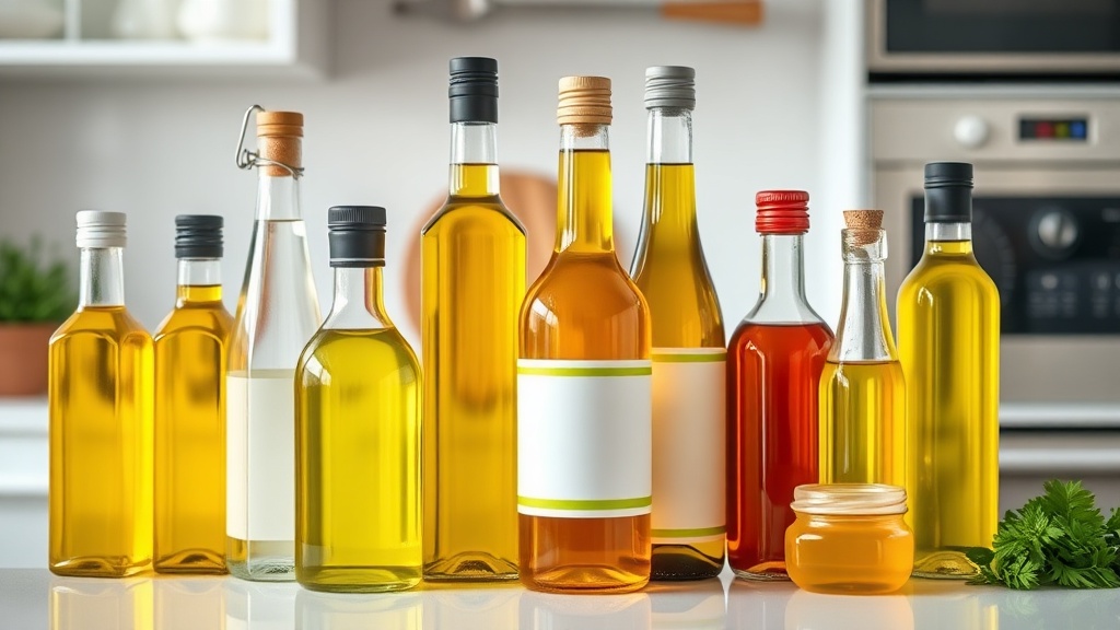 주방 조리대 위에 올리브유와 카놀라유 등 다양한 식용유 병들이 나란히 놓여 있는 일상적인 모습