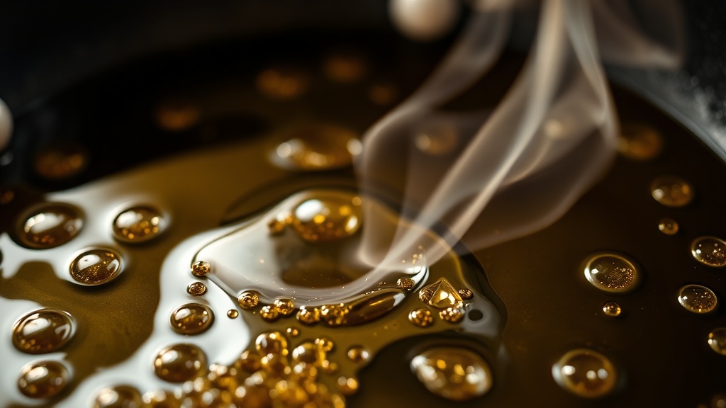 가열된 프라이팬 위에서 식용유가 발연점에 도달하여 옅은 연기가 피어오르는 모습