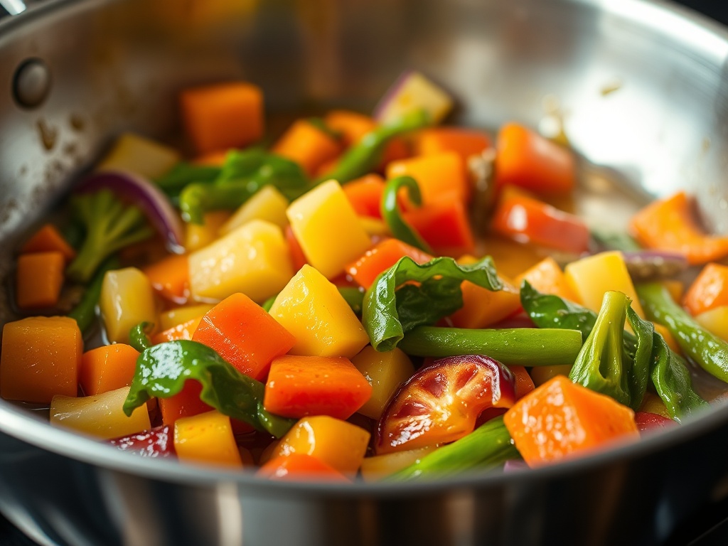 팬 위에서 가볍게 볶아지는 채소와 올리브유의 조화로운 모습