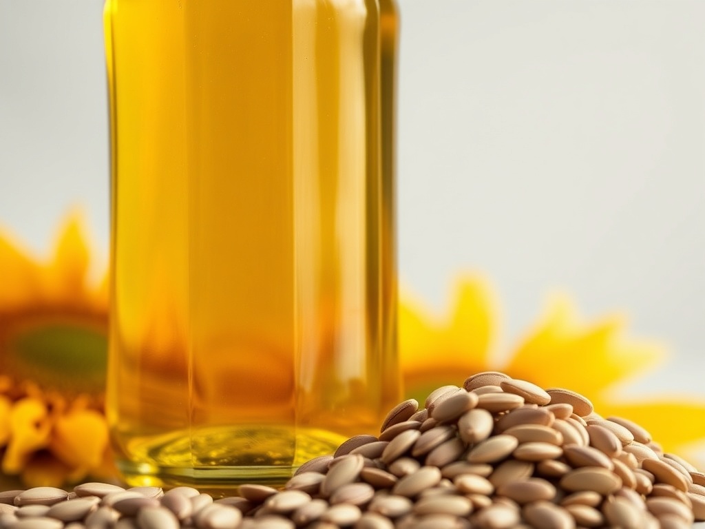 해바라기씨와 함께 유리병에 담긴 맑은 해바라기씨유의 모습
